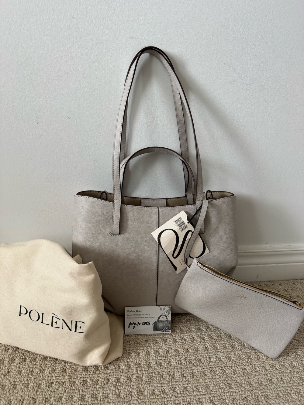 Polene Cyme Mini Tote Mist Pebbled Leather Tote with Matching Pouch nwt